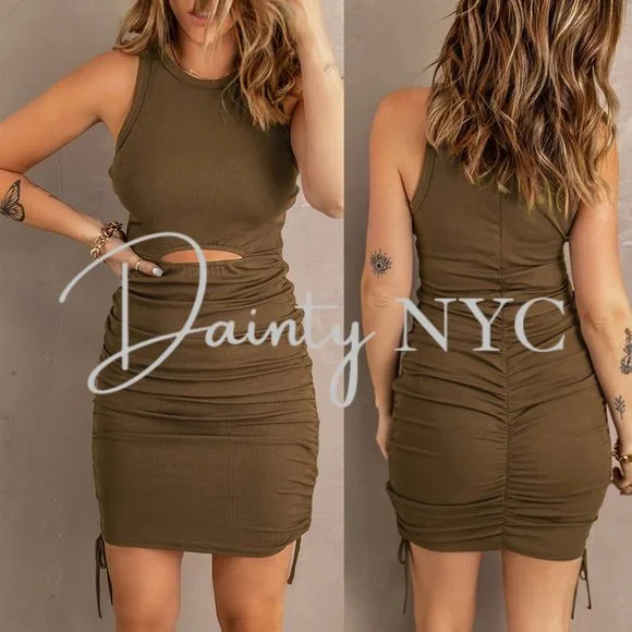 Ruched Drawstring Bodycon Mini Dress BROWN Ruched Drawstring Bodycon Mini Dress BROWN